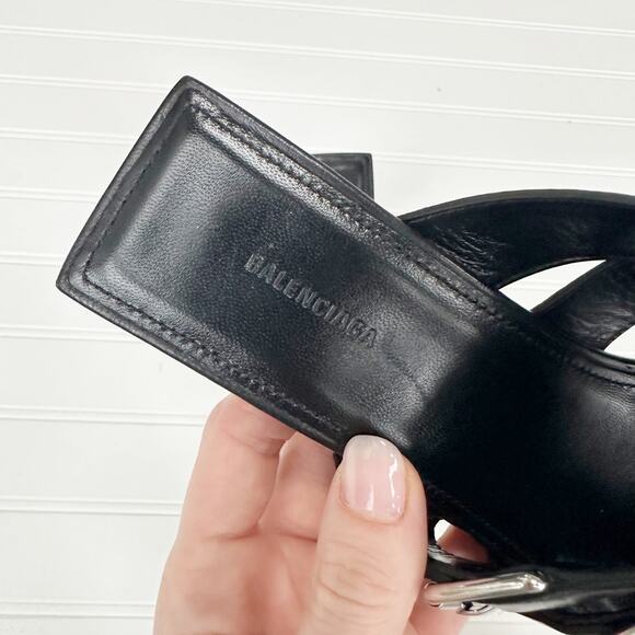 Balenciaga Black Leather Buckle Strappy Sandal Mule Stiletto Heel Slides 6 NEW - Picture 3 of 11